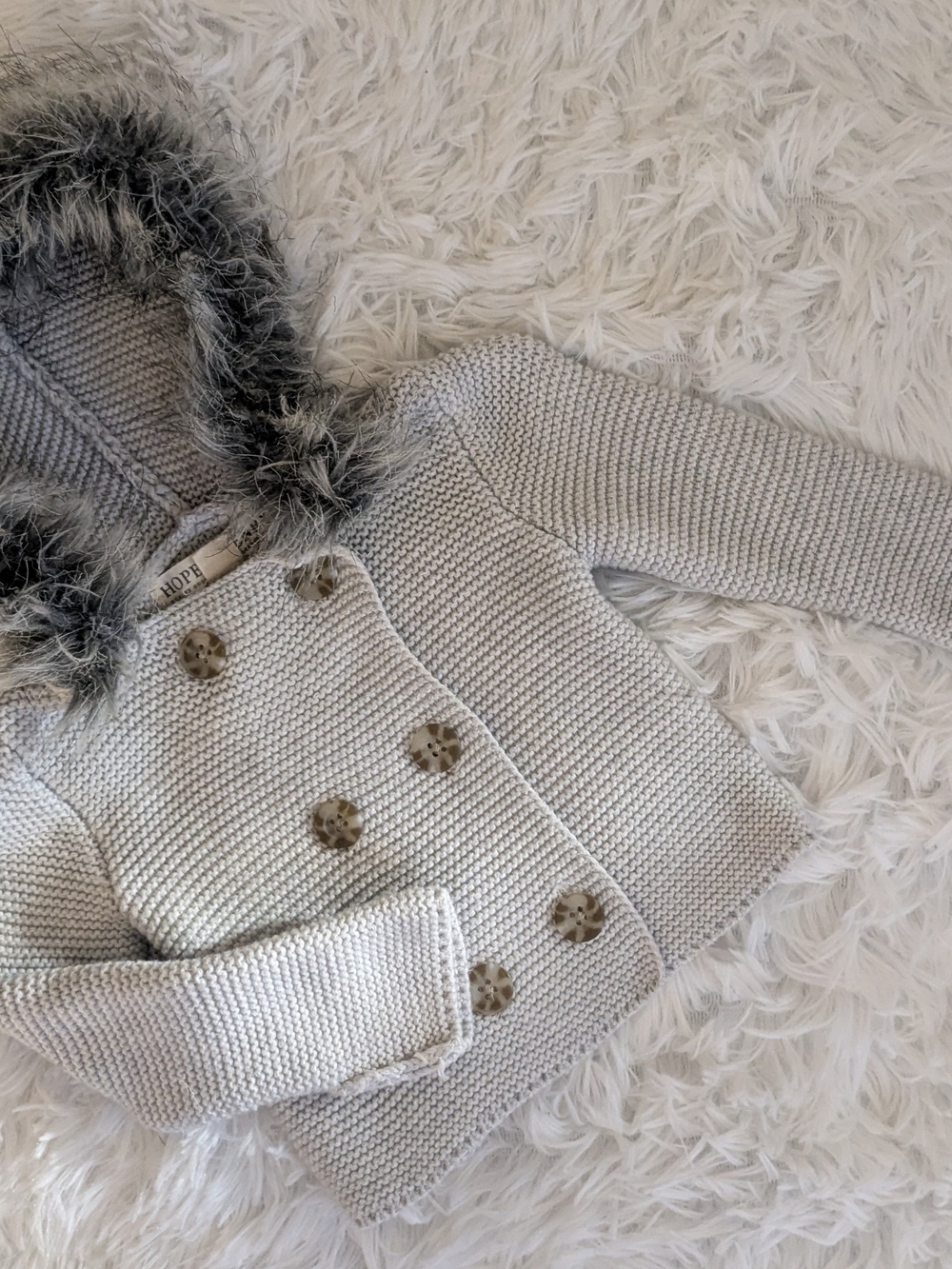 Hope Gray Knit Hooded Sweater with Faux Fur Trim
